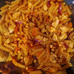 Added chicken and carrots . Also used a stock cube with 200ml of boiling water  and canned tomatoes over the passata for the sauce .   Best with pasta shapes/fusilli but also made previously with spaghetti.  