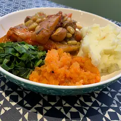We had this for Easter Sunday lunch.  The addition of beans and vegetables meant that less meat was needed than in more traditional recipes.