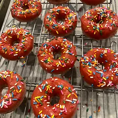 Excellent vegan, sugar free recipe using strawberries to sweeten and provide very moist donuts!