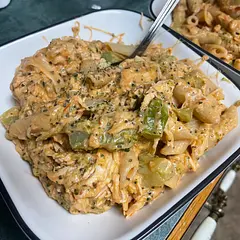 I added basil and pepper and some other spices to help bring the pasta flavour out. Chicken I seasoned with poultry seasoning and pepper and took a short amount of time to fully cook from frozen, 2.5 hrs on low or so. 