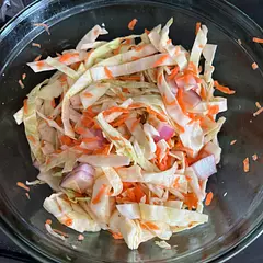 I didn't have red cabbage on hand so added some red onion. Also, my knife skills are lacking so instead of finely slicing the carrots I used a grater. Very nice alternative to mayonnaise based coleslaws.