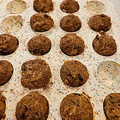 We make them weekly, adding raisins or craisins. I use 2 flax eggs, for the vegans in the house. Makes 2 dozen mini muffins. 