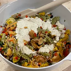 This pasta salad is really good and fresh. I used two tbsp white vinegar + 1 apple cider and it was a bit much, but otherwise, it was super fresh and tasty. 