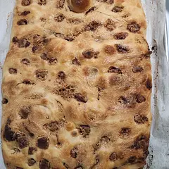 Prep important to save time, I'd say medium level to do. Used same day sourdough recipe, also hers. Do not count calories and enjoy! One other thing, there's no such thing as left over focaccia! Oh yeah, ice cream does not hurt...