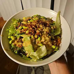 I may try it with some harissa honey marinated chicken & try adding parsley/cilantro or swapping for the mint. so many great flavors that work well together! i added some spring mix that i had & it was great.