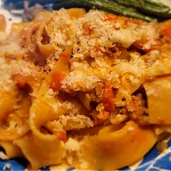 The key to this bolognese sauce is quality ingredients. I made it with Mutti Pomodoro San Marzano canned tomatoes. Every ingredient is essential for a lucious and flavorful bolognese. I served mine with pappardelle pasta. The 3- to 4-hour simmering time makes it impractical for a weeknight dinner, but it is worth the effort when you take the time to make this sauce correctly.