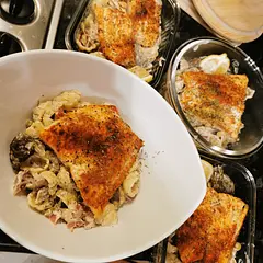 Oven cooked the salmon and added it last. Prefer it this way to easily balance protein portions 