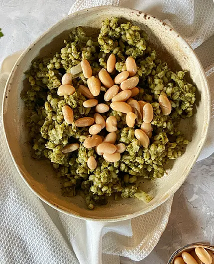 Creamy green groats with feta cheese