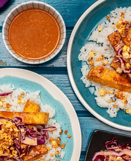 Thai-Style Peanut Butter Tofu

with Corn, Kohlrabi & Cabbage Slaw