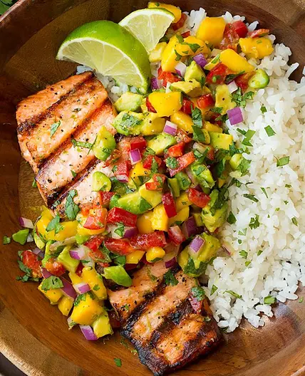 Grilled Salmon with Mango Salsa and Coconut rice