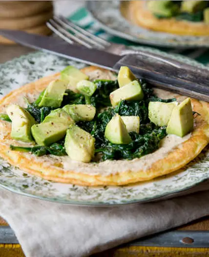 Breakfast blinis with avocado, spinach and yogurt