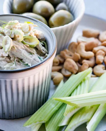 Bento with chicken salad, celery, cashews and olives