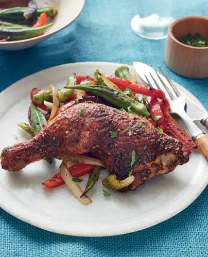 Cajun-Style Chicken Legs with Roasted Okra and Peppers
