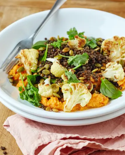Roasted Cauliflower & Lentil Bowl with Sweet Potato Hummus