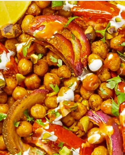 Middle Eastern Chickpea Bowls with Pistachio Rice & Garlicky White Sauce