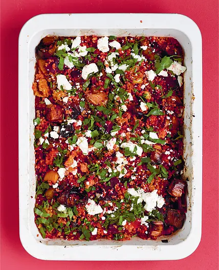 Butter roasted harissa leeks & beetroot (with bulgur & feta)
