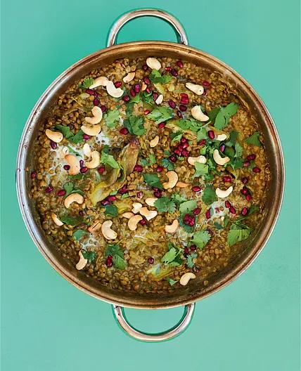 SIMPLE ALL-IN-ONE DAAL WITH ROASTED SHALLOTS, CORIANDER, POMEGRANATE & CASHEWS