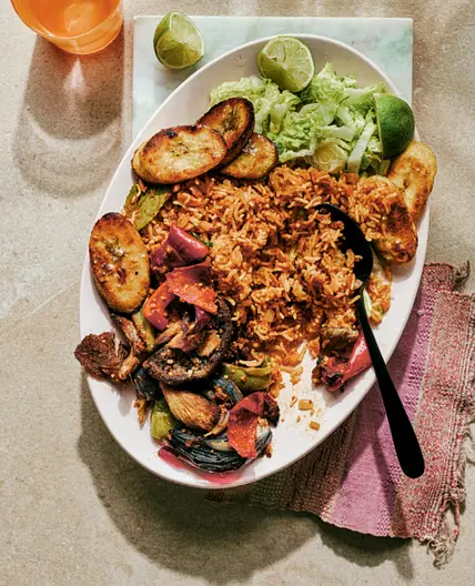 Suya Vegetables with Jollof, Plantain and Salad