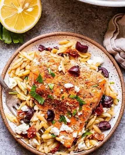 Greek Salmon and Orzo Skillet