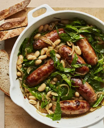 Braised Sausages with Beans & Greens