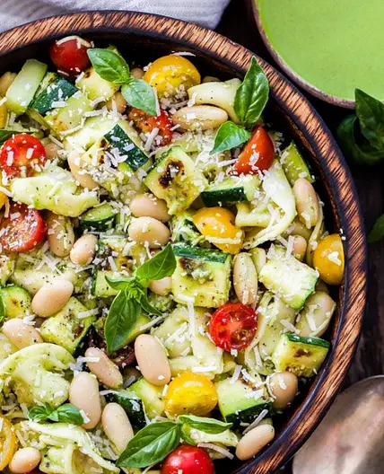 Grilled Zucchini, White Bean, Tomato and Tortellini Pasta Salad
