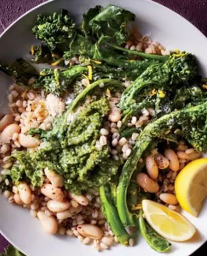 Broccoli Rabe and Barley Grain Bowl With Cilantro Pesto