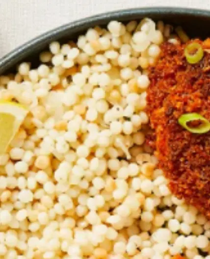 Crispy Parmesan Chicken with Garlic Scallion Couscous