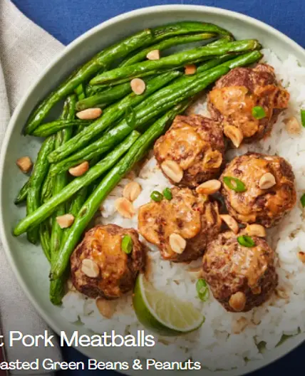 Thai Coconut Pork Meatballs with Sweet Rice, Roasted Green Beans & Peanuts