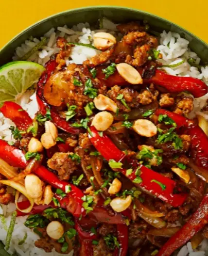 Sweet Chili Pork Bowls with Bell Pepper & Candied Peanuts