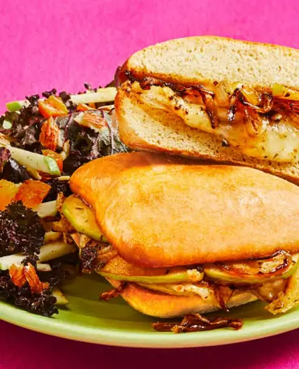 CARAMELIZED ONION & APPLE MELTS ciabatta, white cheddar, kale salad with dried apricots & almonds