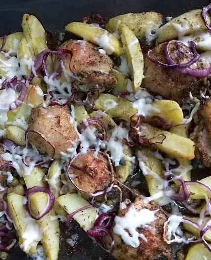 Greek sheet pan chicken,  potatoes and feta