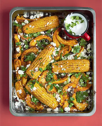 CHIPOTLE ROASTED SWEETCORN WITH SQUASH, BLACK BEANS, FETA & LIME