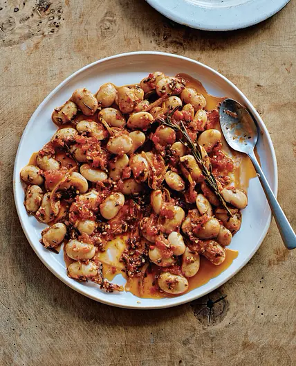 butter beans with preserved lemon, chile, and herb oil