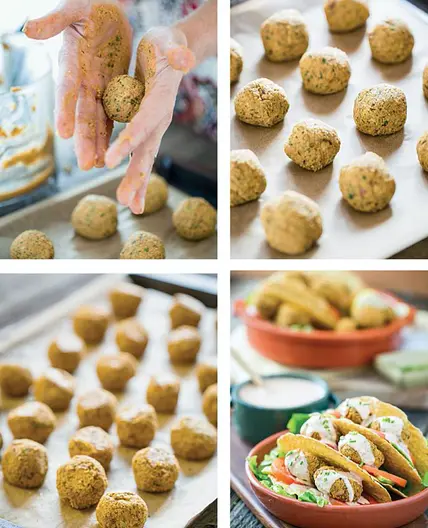Falafel tacos with sriracha- tahini sauce