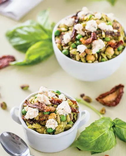 Three pea & orzo pistacho pesto salad