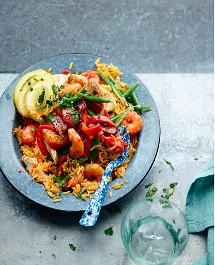 Quick Chicken, Chorizo and Prawn Spanish Rice