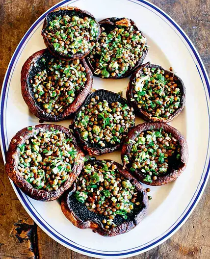 Baked big mushrooms with dressed puy lentils