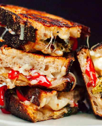 Veggie Grilled Cheese (Balsamic Roasted Broccoli, Red Peppers, etc.)