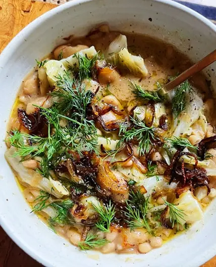 Dilly Bean Stew with Cabbage and Frizzled Onions