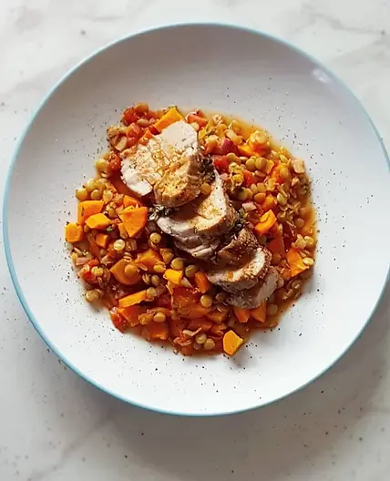 Pork on Balsamic Lentils