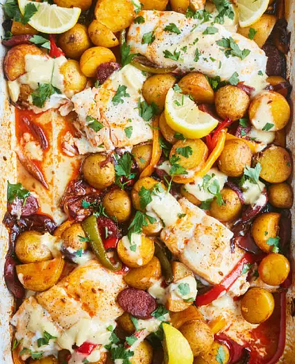 COD & CHORIZO NEW POTATO TRAYBAKE WITH HOMEMADE AIOLI