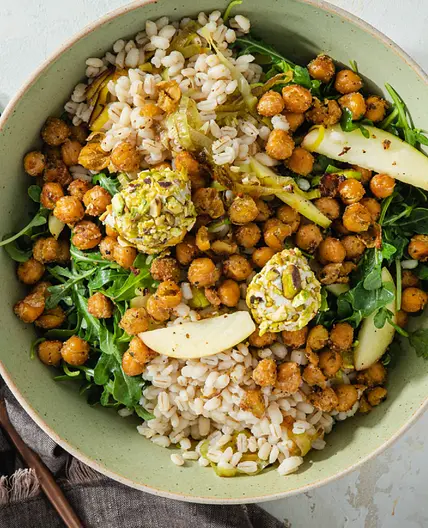 Ancient Grain Bowls with Crispy Chickpeas & Pistachio Cashew Cheese