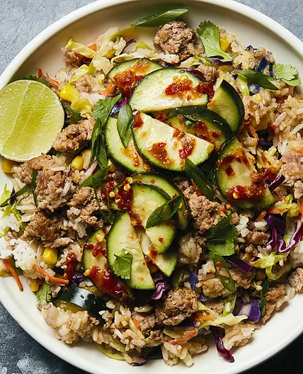 Pork Nasi Goreng with Spicy Cucumber and Lime