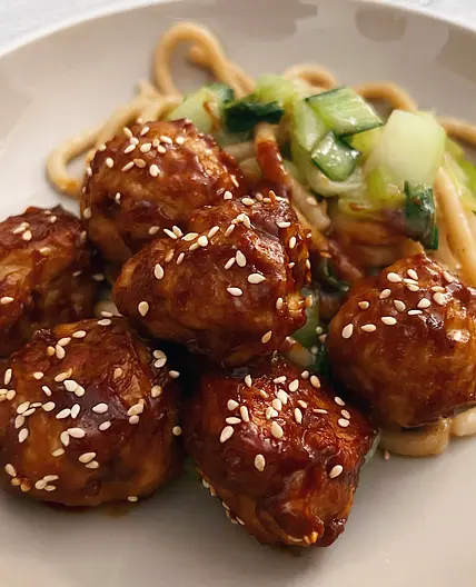 Sticky Asian Meatballs with Udon Noodles
