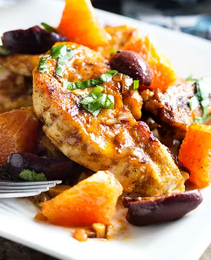 Sautéed Chicken Cutlets with Olive-Orange Sauce (Complete Med. Test Kitchen p. 291)