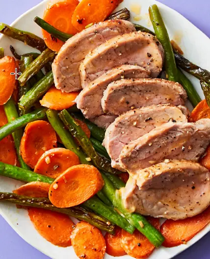 Roasted Pork Tenderloin with Green Beans, Carrots and Sriracha Butter