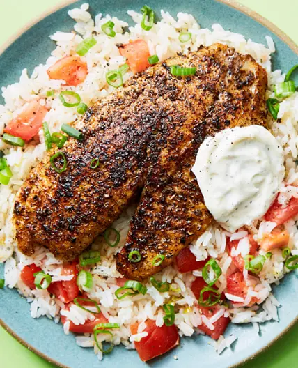 Blackened Tilapia with Tomato Rice & Garlic Aioli