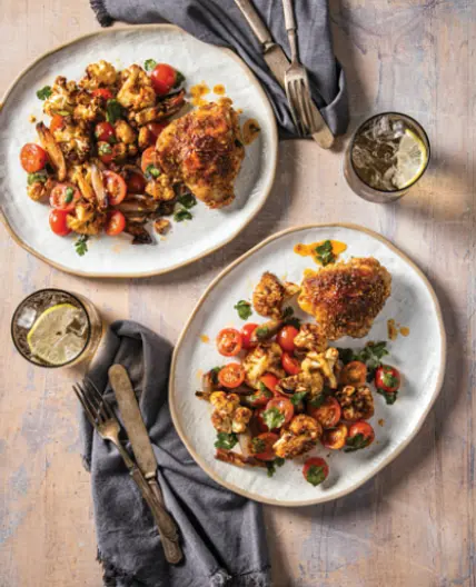 CORIANDER CHICKEN THIGHS WITH ROASTED CAULIFLOWER AND SHALLOTS