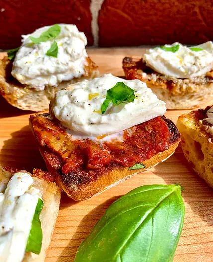 The Easiest Eggplant Burrata Bruschetta Ever