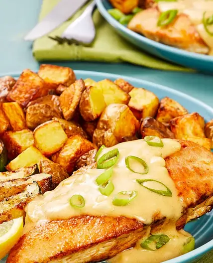 Chicken Scallopini in a Lemon-Garlic Cream Sauce with Roasted Zucchini and Potatoes
